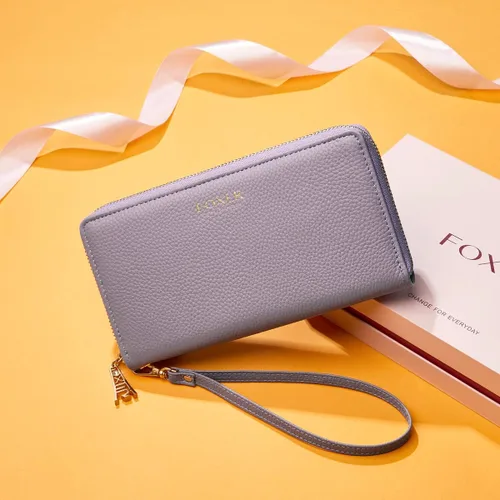 Vista 6 de FOXLOVER Carteras de cuero genuino para mujer, carteras de embrague con cremallera RFID con pulsera