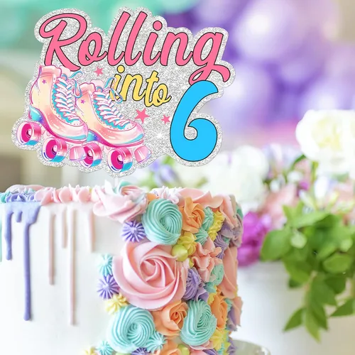 Vista 3 de Patines rosados con purpurina para tartas para niños y niñas que se enrollan en 6 suministros de decoración de fiesta de cumpleaños de los años 80
