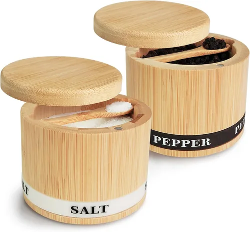 Vista 9 de ThougrLyh Bodega de sal, recipiente de sal de madera de acacia con tapa y cuchara, etiqueta de caja de sal grabada desmontable y cierre magnético