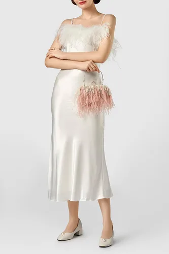 Vista 4 de BABEYOND Bolso de mano de plumas de avestruz para mujer, bolso de noche con perlas, bolso de hombro para fiesta de los años 20, baile de graduación