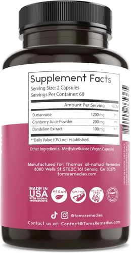 Vista 7 de Thomas' all-natural Remedies D-manosa 1200mg - con arándano y diente de león - Apoyo natural para la salud del tracto urinario y las infecciones