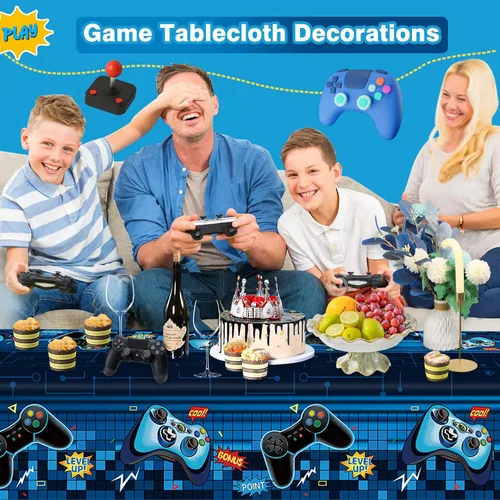 Vista 4 de Mantel rectangular de videojuegos, 3 piezas de plástico PE azul desechable, 54 x 108 pulgadas, para decoración de fiesta de cumpleaños de niños