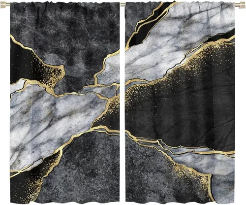 Vista 81 de Cortinas abstractas de mármol de lujo de lujo azul marino dorado a rayas con patrón de mármol estampado para dormitorio, sala de estar, cortinas