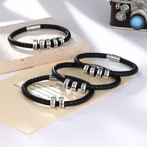 Vista 4 de Pulsera personalizada con nombres trenzados negros para hombre, hecha a medida con abalorios, joyería inspiradora familiar, regalo para papá, Cuero