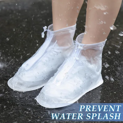 Vista 4 de Coume 2 pares de cubiertas para zapatos de lluvia antideslizantes impermeables, cubiertas protectoras reutilizables, cubiertas altas tipo botas