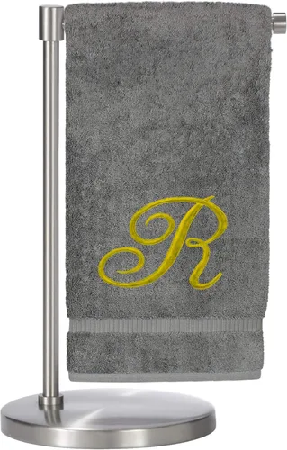 Vista 139 de Script R - Toalla de baño con monograma, regalo personalizado, 27 x 54 pulgadas, juego de 1 toalla bordada con texto dorado, 100% algodón turco Navy