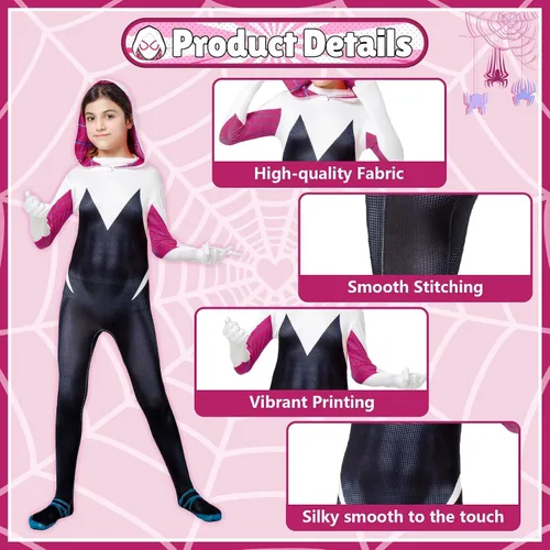 Vista 2 de QDDBUDDY Disfraz de araña fantasma para niñas, traje de superhéroe 3D para Halloween, cosplay, traje de elastano