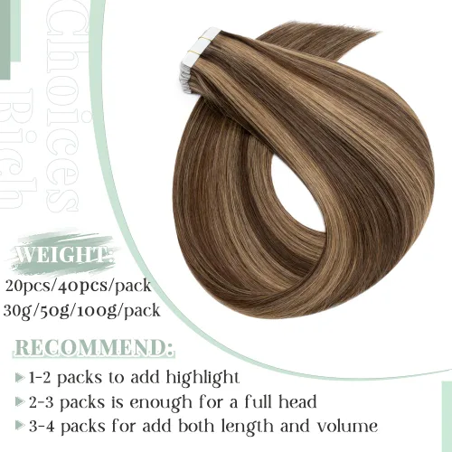 Vista 3 de Rich Choices Extensiones de cabello humano con cinta, 40 unidades, 2.48 onzas, 100% Remy, extensiones de cabello humano real, sin costuras, 12 Rubio