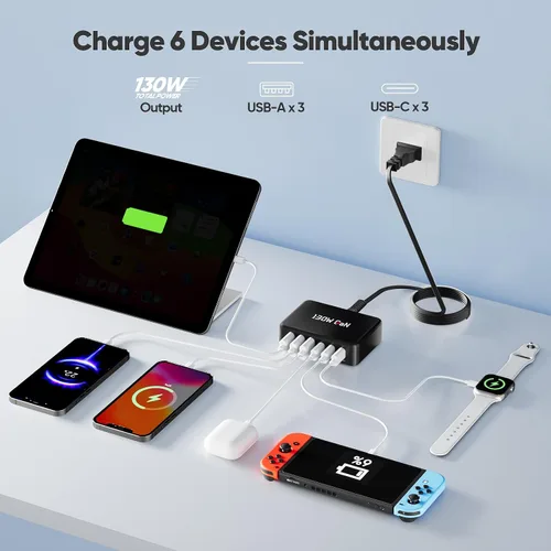 Vista 3 de GaN - Estación de carga de 130 W para múltiples dispositivos, bloque de carga rápida USB C de 6 puertos para iPhone 17 16 15 14 Pro Max, iPad, Negro