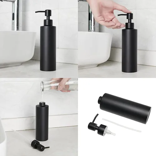 Vista 5 de Dispensador de jabón, negro mate con embudo y posavasos antideslizante, acero inoxidable 304, botella desinfectante de manos para baño y cocina