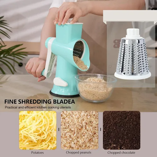 Vista 3 de Rallador rotativo de queso con asa, versátil rallador de queso con base de succión antideslizante, triturador de queso y rebanador de alimentos