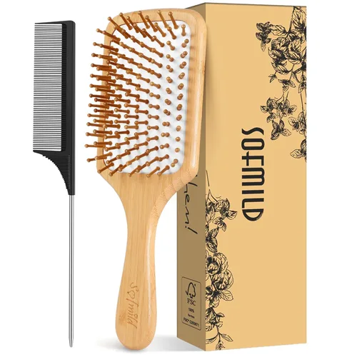 Vista 9 de Sofmild Juego de cepillos de pelo de bambú natural para mujeres, hombres y niños, cepillo desenredante para cabello grueso y rizado y húmedo Negro