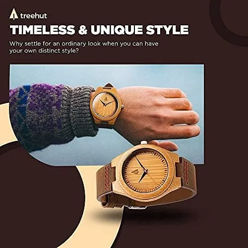 Vista 4 de Treehut - Reloj de pulsera analógico para hombres, de madera con correa de piel auténtica, estilo elegante., Marrón Natural 1