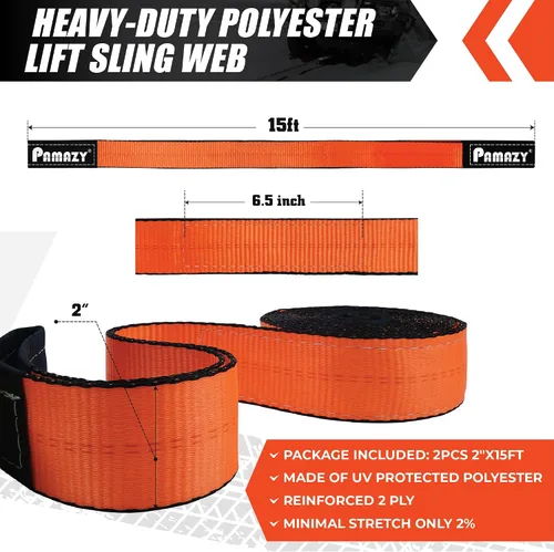 Vista 2 de Paquete de 2 correas de eslinga de elevación súper resistentes de 2" x 15 pies, capacidad de 18800 libras, correa de nailon resistente ojo a ojo