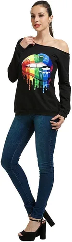 Vista 5 de MAGICMK - Suéter de hombros descubiertos y manga larga para mujer blusas informales con estampado de labios tallas extragrandes holgadas