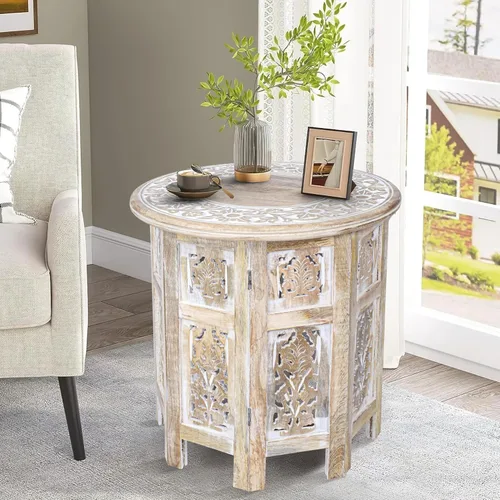 Vista 19 de Mesa auxiliar de madera de mango tallada a mano – Mesa auxiliar redonda de pedestal de 18 x 22 pulgadas para sala de estar, mesita de noche