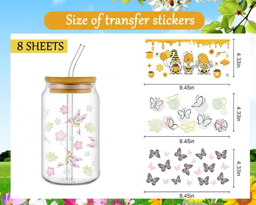 Vista 2 de Rngmsi Envoltura de Taza UV DTF - 8 Hojas Envolturas de Taza UV DTF de Abeja para 16 oz, Calcomanías Uvdtf de Gnomos Mariposa Panal, Calcomanías