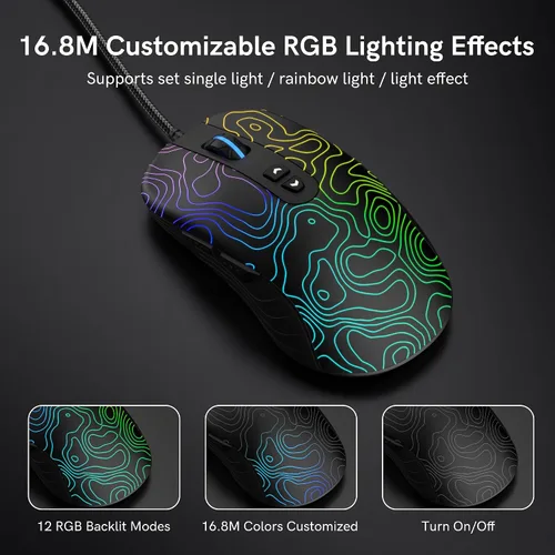 Vista 4 de dagaladoo Ratón negro para juegos con cable, 12800 DPI RGB mouse para juegos con 7 efectos de iluminación, mouse para juegos de PC, compatible