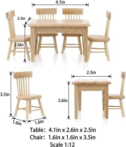 Vista 4 de Z MAYABBO Muebles de madera para casa de muñecas de mesa y silla, accesorios de casa de muñecas en miniatura para comedor, escala 1/12