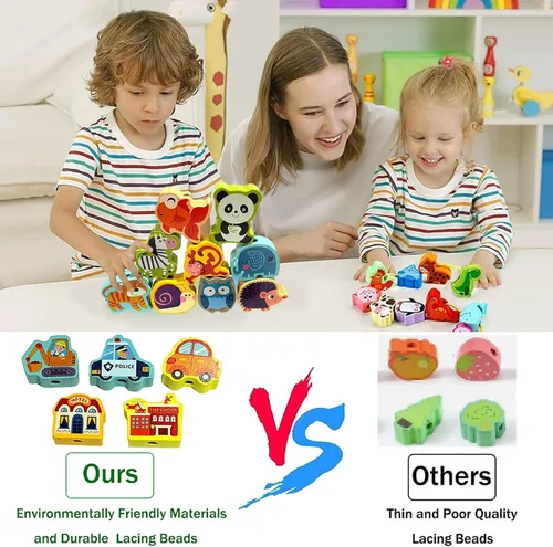 Vista 4 de Montessori - Cuentas de madera con cordones para niños, 42 piezas de actividades preescolares para automóvil, animales, verduras, cuentas, juguetes