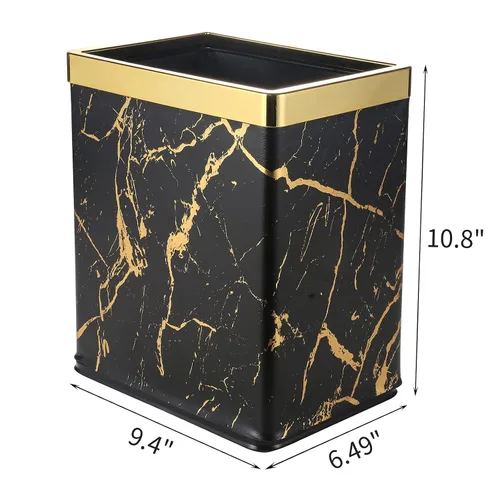 Vista 5 de Basurero pequeño de oficina para dormitorio, papelera rectangular delgada para baño, cocina, 2.6 galones (mármol negro dorado)