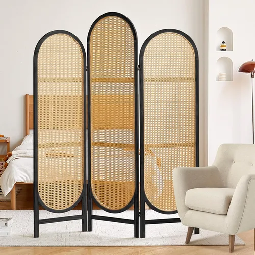 Vista 6 de Divisor de habitación de 3 paneles, divisor de habitación de ratán tejido a mano con marco de madera, pantalla de privacidad plegable de diseño