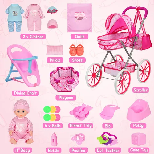Vista 11 de DRAMATION Juego de cochecito de bebé, muñeca de 11 pulgadas con corralito y A-pink