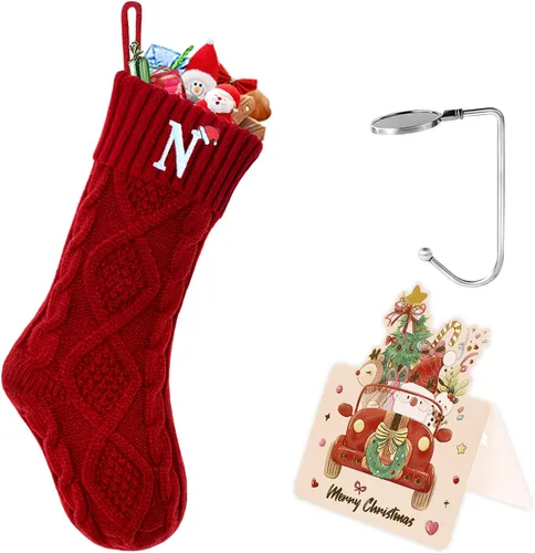 Vista 128 de Calcetines de Navidad con inicial A, 20 pulgadas, con iniciales bordadas para la familia, calcetín navideño tejido personalizado con monograma