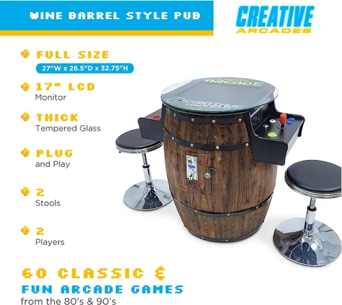 Vista 4 de Creative Arcades - Máquina arcade de tamaño completo de grado comercial estilo barril de vino Estándar/M/L Juegos clásicos 2 joysticks Sanwa