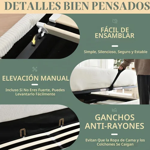 Vista 7 de Base de cama de almacenamiento tamaño Queen, plataforma tapizada de lino con cabecera curva, soporte de listones de madera hidráulico y resistente