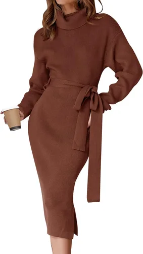 Vista 77 de ZESICA - Vestido por debajo de la rodilla de suéter, de cuello alto, para mujer, de manga larga, de punto acanalado, con abertura y cinturón