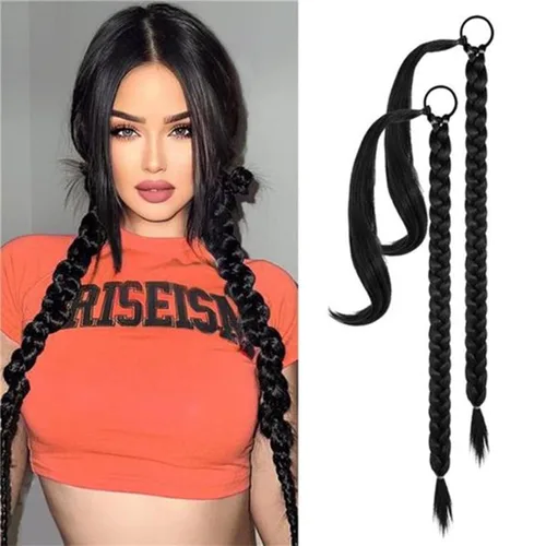 Vista 8 de Extensión de cola de caballo de trenza larga con lazo elástico, 1 unidad, extensiones de cabello sintético lacio y elegante envolvente para mujer