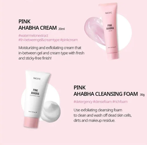 Vista 3 de Nacific Pink AHA BHA Kit (espuma limpiadora, tóner, suero, crema) Juego de cuidado de la piel tamaño viaje por KOSBEAUTY