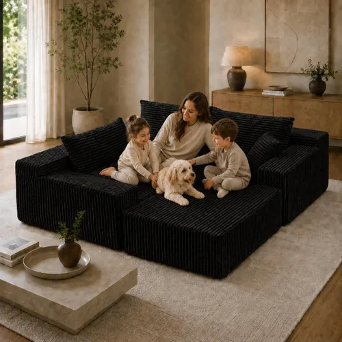 Vista 2 de Sofá modular modular en forma de L de 115 pulgadas con diván, sofá deshuesado con asiento profundo y otomana extraíble, cómodo sofá nube de pana