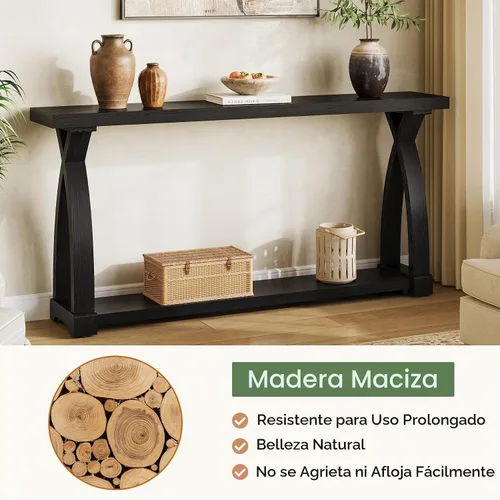 Vista 6 de Mesa consola de madera maciza para entrada, mesa estrecha de 63 pulgadas para sofá con almacenamiento de 2 niveles para entrada, vestíbulo, sala