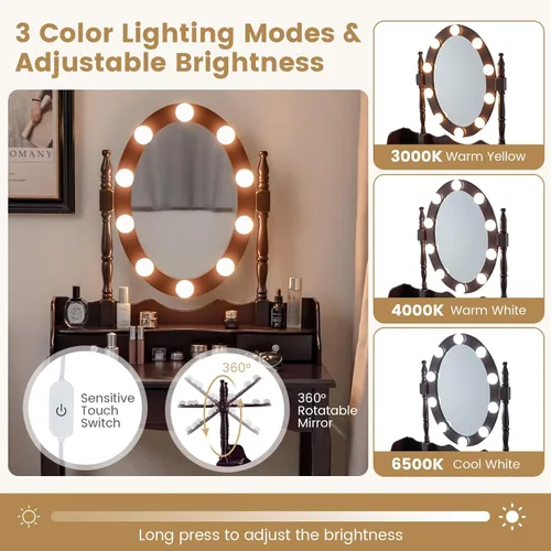 Vista 3 de Byroce - Juego de tocador con taburete acolchado, mesa de maquillaje con espejo ovalado iluminado giratorio de 360°, 3 cajones, 10 luces LED