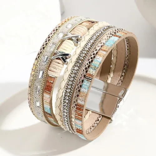 Vista 2 de Fesciory - Pulsera de leopardo para mujer, estilo bohemio de cuero multicapa con perlas de cristal