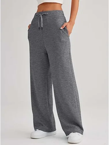 Vista 4 de ERTUPE Pantalones deportivos de pierna ancha para mujer, cintura alta, pierna recta, para otoño, holgados, acampanados, con cordón, pantalones