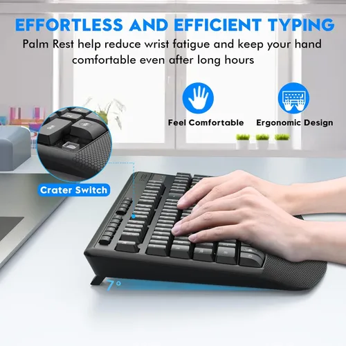 Vista 3 de Combo de teclado y mouse inalámbricos, E-YOOSO 2.4GHz, teclado inalámbrico ergonómico de tamaño completo con reposa muñecas, mouse USB inalámbrico