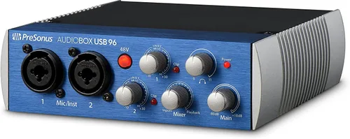 Vista 3 de PreSonus AudioBox 96 USB 2 × 2 Interface Grabación Bundle con micrófono de condensador cardioide LyxPro, auriculares HAS‑10, filtro pop, montaje
