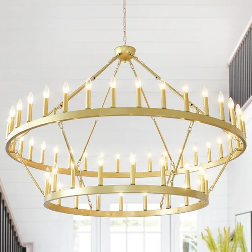 Vista 8 de EGM Candelabro dorado de 48 pulgadas con rueda de carro de 2 niveles, 36 luces grandes de color dorado cepillado estilo granja, lámparas de techo