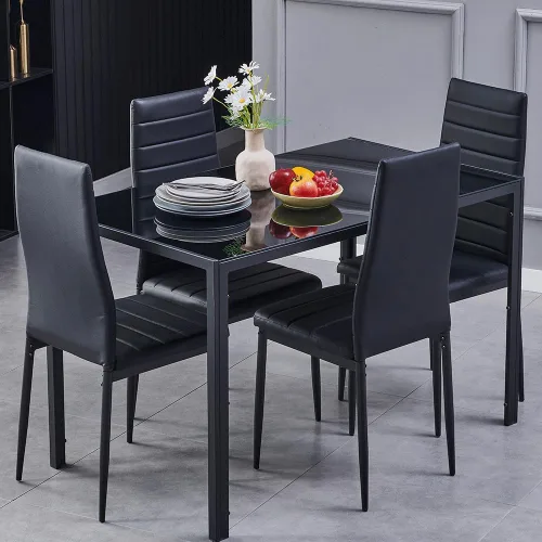 Vista 2 de Mesa de comedor rectangular negra de vidrio de 47.2 pulgadas, mesa de cocina moderna con mesa de vidrio templado y marco de acero de metal