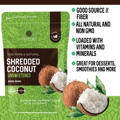 Vista 4 de Herbaila Coco rallado sin azúcar, 1 libra de copos de coco sin azúcar, virutas de coco secas, ralladuras de coco trituradas y en hojuelas. Todo