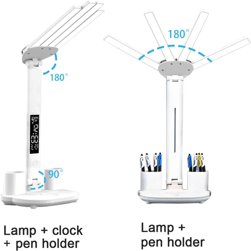 Vista 2 de Lámpara de escritorio LED con reloj, lámpara de estudio plegable, 3 modos de iluminación, lámpara de mesa regulable para cuidado de los ojos