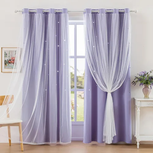 Vista 14 de indistar Cortinas opacas con recortes de estrellas para dormitorio de niña, cortinas de oscurecimiento para habitación de bebé, cortinas