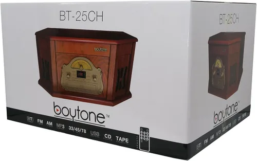 Vista 7 de Boytone BT-25CH 8-en-1 Sistema de tocadiscos clásico de madera natural estéreo con conexión Bluetooth, reproductor de discos de vinilo, AM/FM, CD