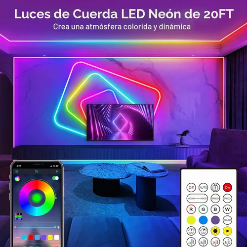 Vista 2 de Tira de luces de neón de 20 pies, cuerda de luces LED flexible con aplicación/control remoto, múltiples modos de luces, luces de neón LED RGB IP65