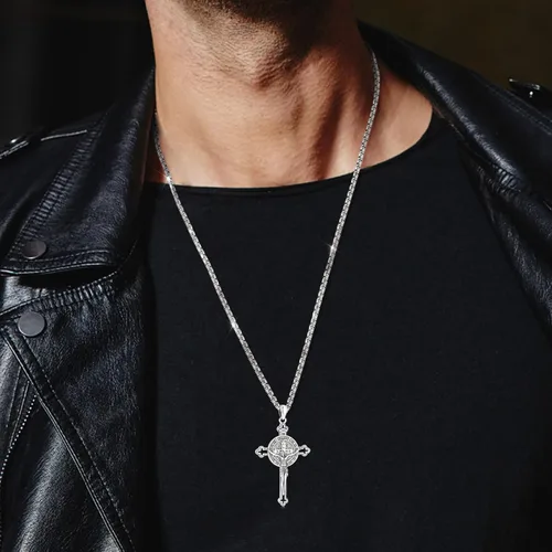 Vista 6 de Eusense - Collar con colgante de plata de ley 925 de San MiguelSan Benito para hombres y mujeres con cruz de Jesúsmedalla milagrosa de la Virgen