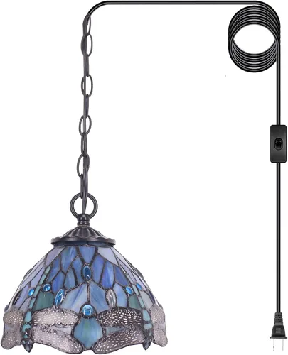 Vista 7 de Lámpara Colgante Pequeña Tiffany de Vidrio Emplomado con Enchufe, Lámpara Colgante de 8 Pulgadas de Altura Ajustable, Accesorio de Araña Colgante