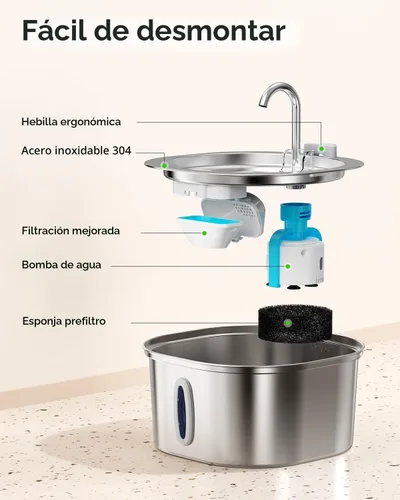 Vista 7 de PEKTACO Fuente de Agua para Gatos de Acero Inoxidable, Dispensador de Agua para Gatos de 3.2L/108oz con Bomba de Agua Ultra Silenciosa y Ventana